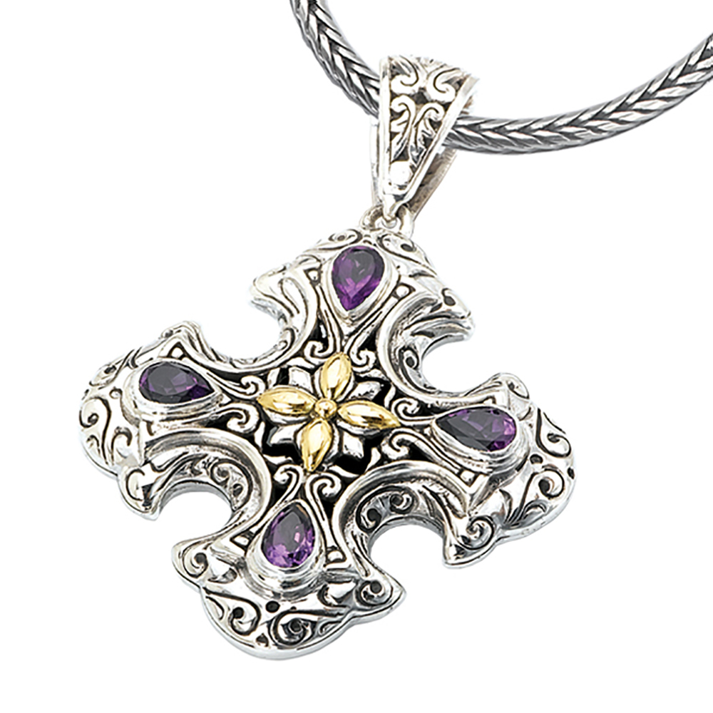 Katarina 18K Yellow Gold and Sterling Silver Amethyst Cross Pendant with Chain
