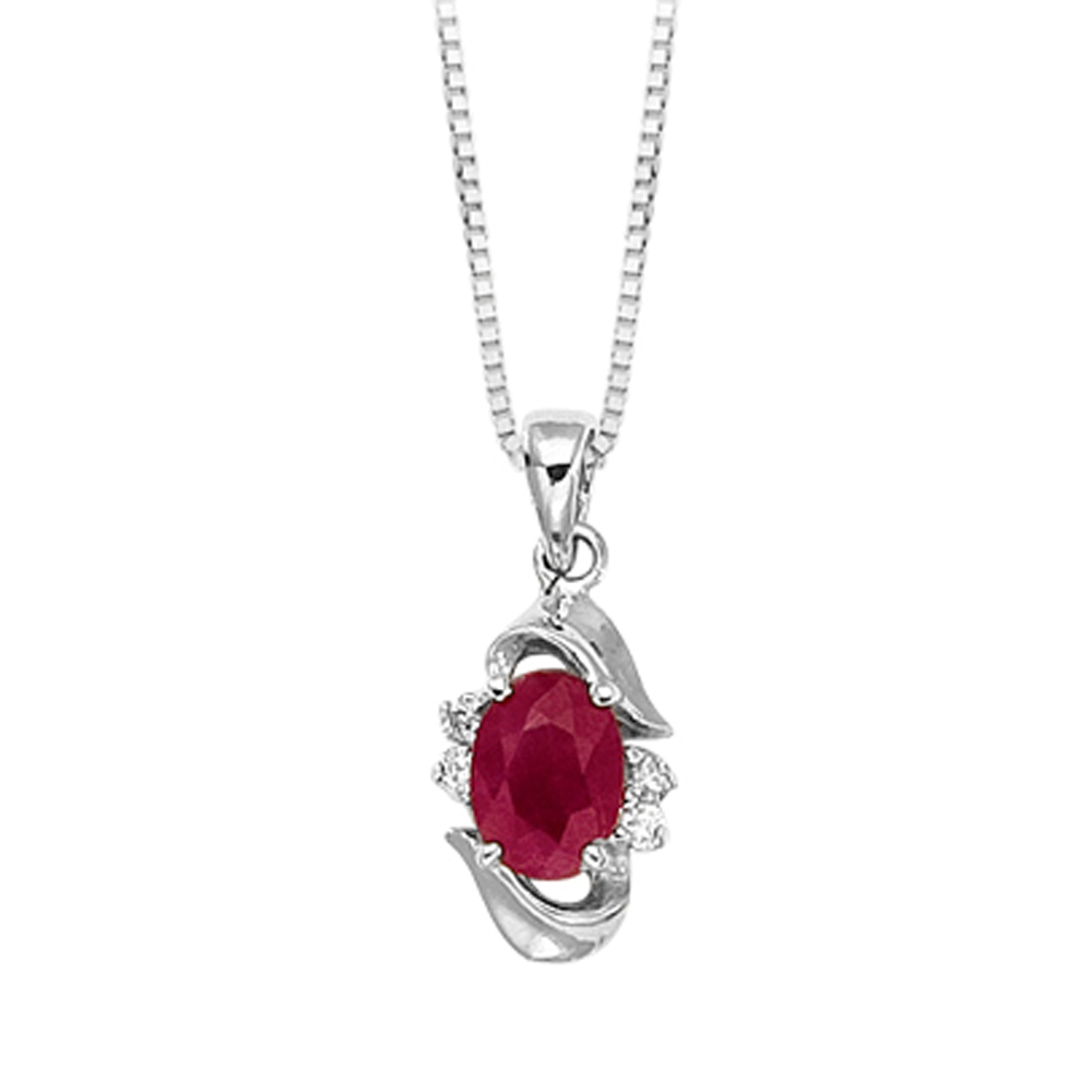 Katarina 14K White Gold 0.06 ct. Diamond and 7/8 ct. Oval Shaped Ruby Pendant with Chain