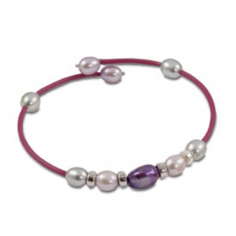 Katarina Sterling Silver (Dyed) Plum, Grey and Lavendar Fresh Water Cultured Pearl Rubber Bracelet - 9