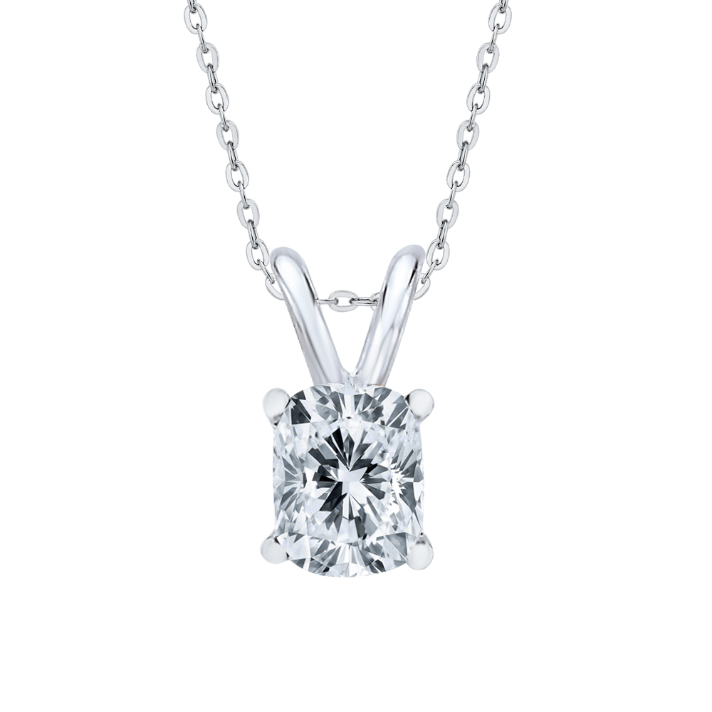Katarina 1 ct. F - I1 Cushion Cut Diamond Solitaire  Pendant with Chain (White or Yellow Gold)
